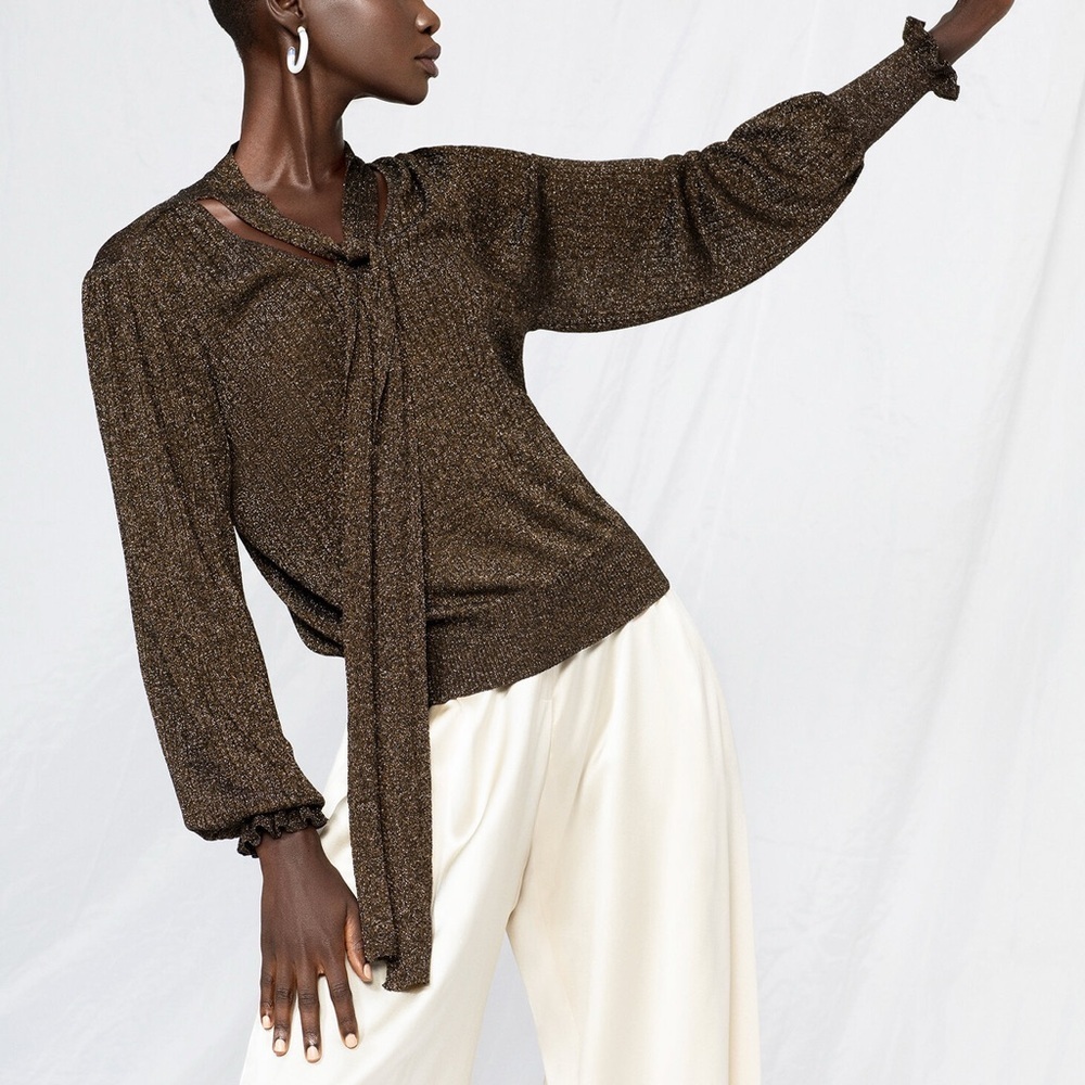 White + Warren Brown Shimmer Metallic Rib Knit Neck Tie Sweater Size Small